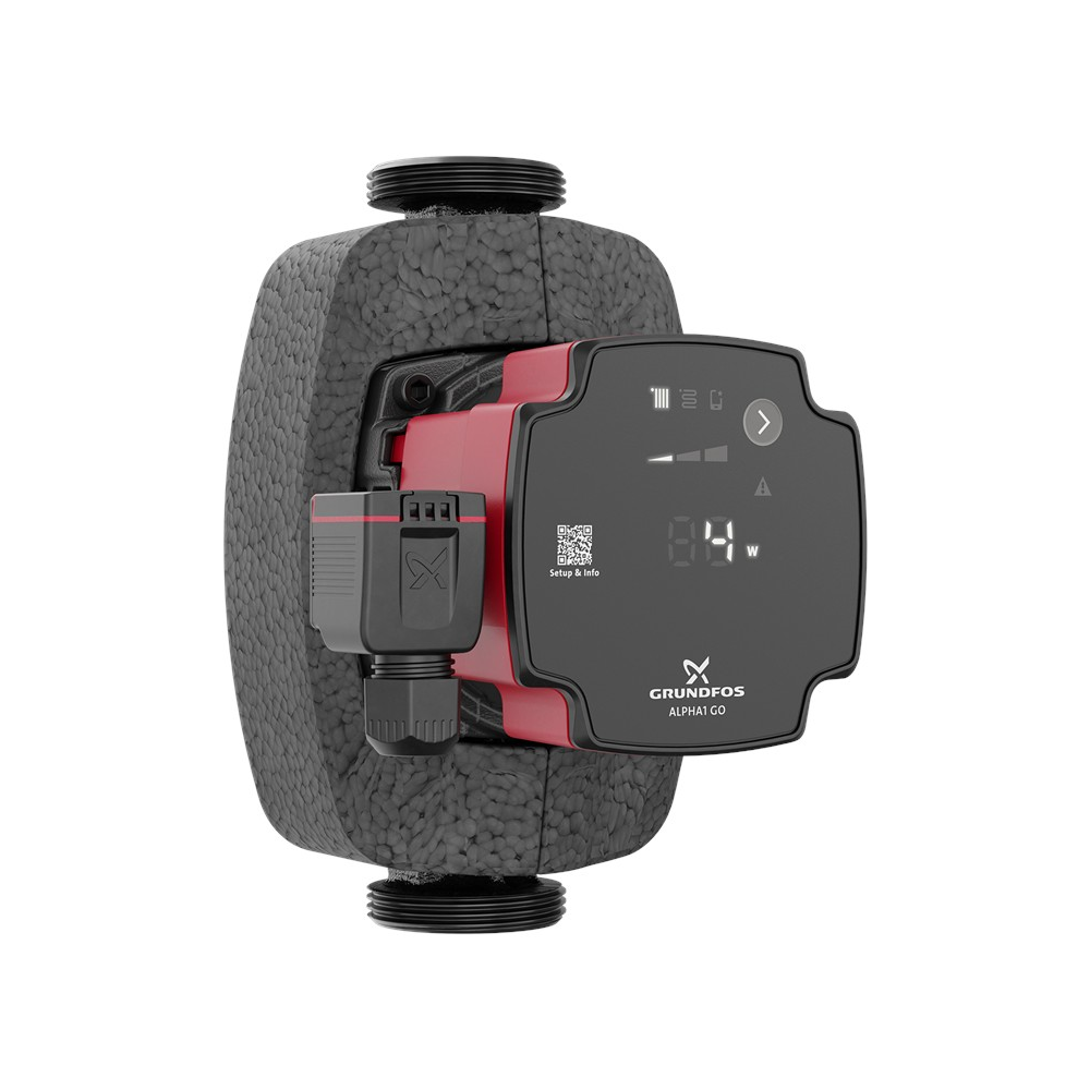 GRUNDFOS schwarze Hocheffizienz Umwaelzpumpe ALPHA1 GO 25-60, mit Display Beispiel 4 W in seitlicher Ansicht | klimaworld.com