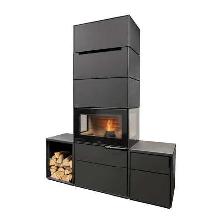 Aduro H6 Lux mit Holzfach links und Seitenmodul mit Tür rechts + Erweiterungsaufsatz aufgesetzt auf den Kamin (Module sind nicht mit im Lieferumfang) | Klimaworld.com