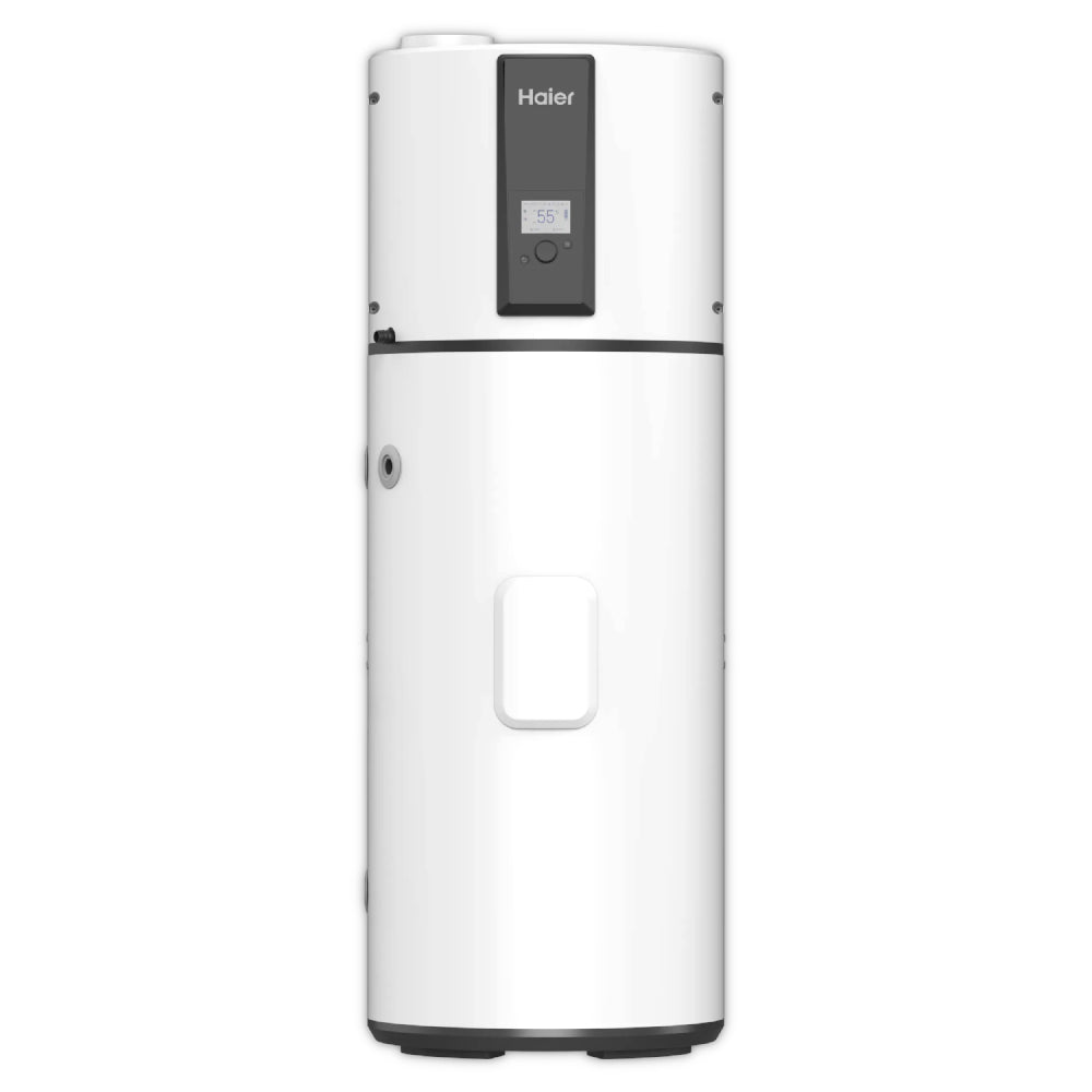 Haier Brauchwasserwaermepumpe M7 in weissem Standgeraet-Design mit Display auf grauem Untergrund | Klimaworld.com