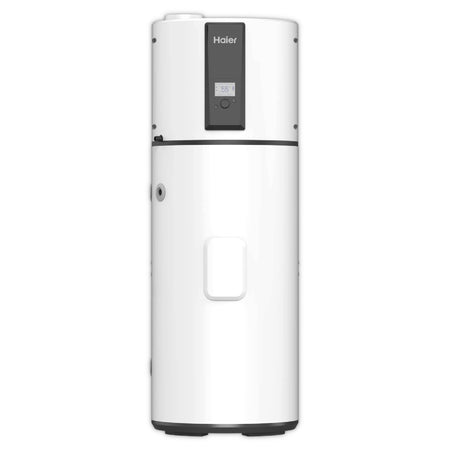 Haier Brauchwasserwaermepumpe M7 in weissem Standgeraet-Design mit Display auf grauem Untergrund | Klimaworld.com