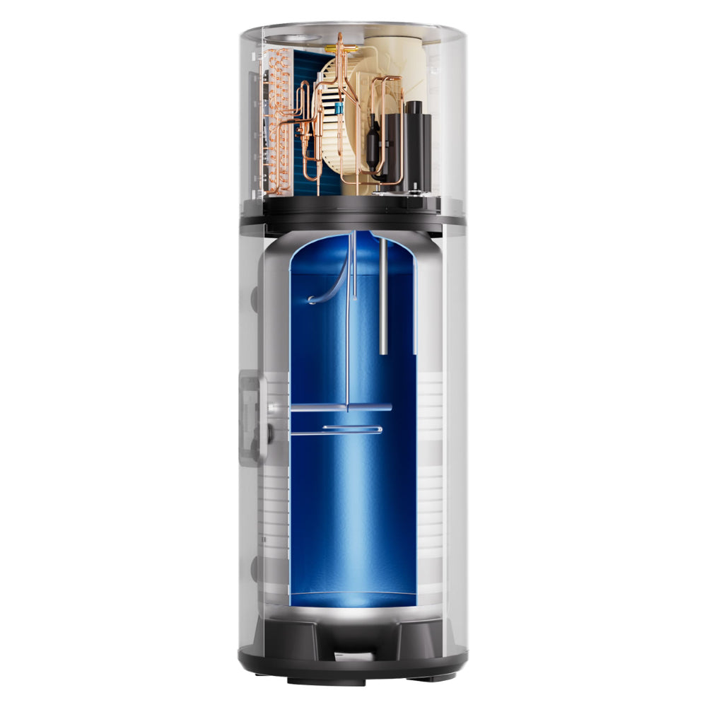 Queerschnittbild: Haier Brauchwasserwaermepumpe HP200M7-F9 als transparenter Schnitt mit blauem Speicher und Kupferrohren | Klimaworld.com