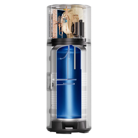 Queerschnittbild: Haier Brauchwasserwaermepumpe HP200M7-F9 als transparenter Schnitt mit blauem Speicher und Kupferrohren | Klimaworld.com