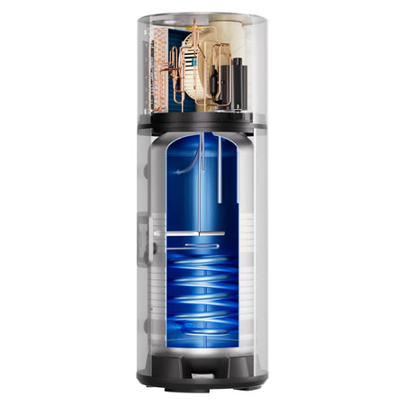 Queerschnittbild: Haier Brauchwasserwaermepumpe HP250M7C-F9 als transparenter Schnitt mit blauem Speicher und Kupferrohren | Klimaworld.com