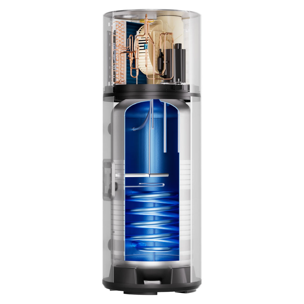 Queerschnittbild: Haier Brauchwasserwaermepumpe HP200M7C-F9 als transparenter Schnitt mit blauem Speicher und Kupferrohren | Klimaworld.com