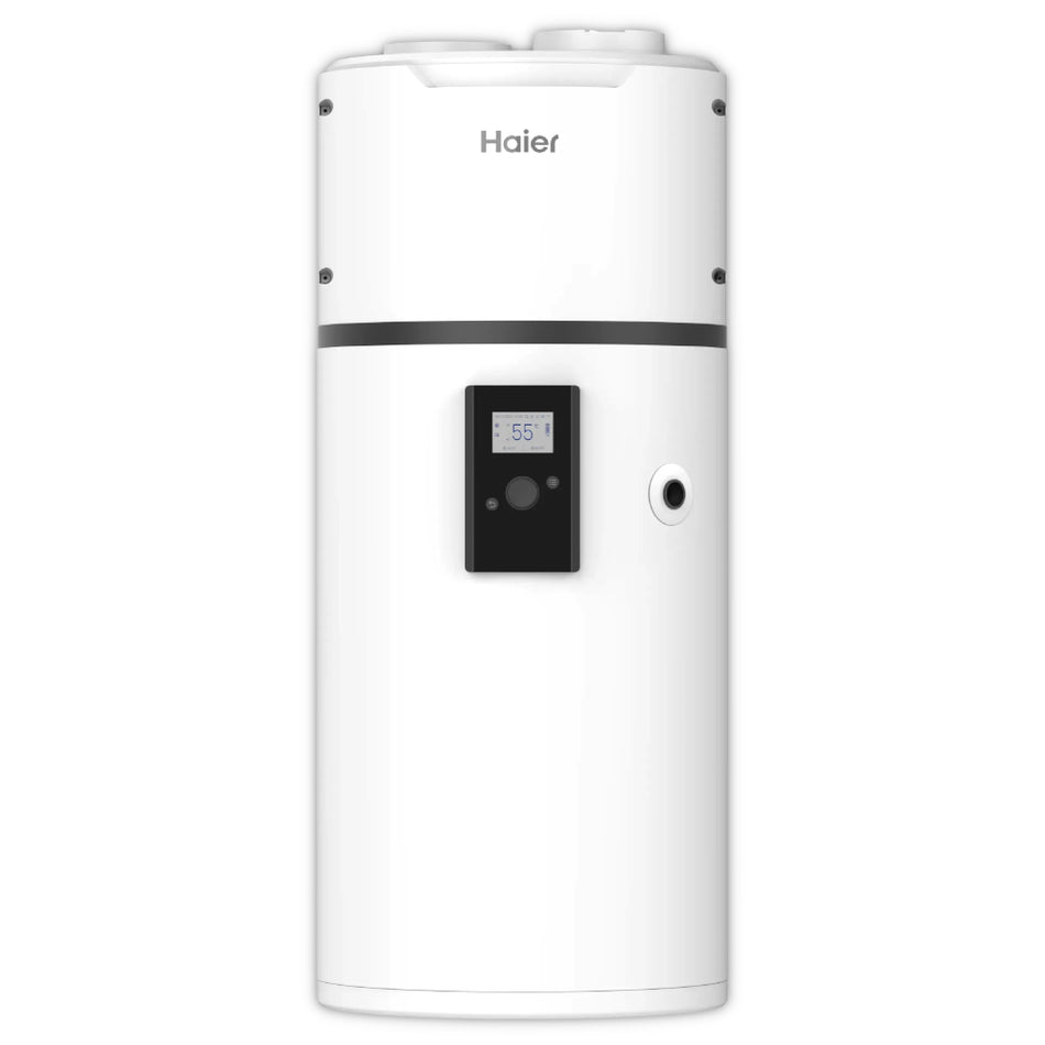 Haier Brauchwasserwaermepumpe M8 in weissem wandhaenge-Design mit Display auf dunklem Untergrund | Klimaworld.com