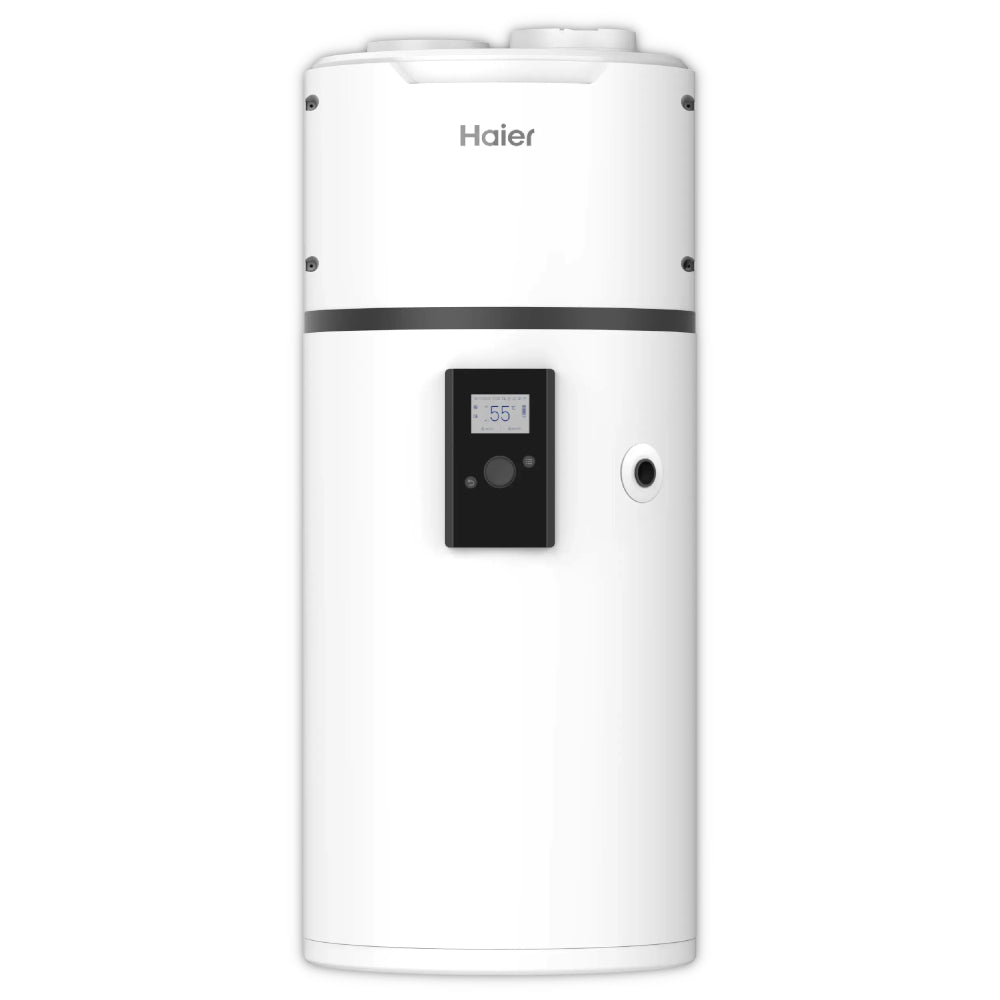 Haier Brauchwasserwaermepumpe M8 in weissem wandhaenge-Design mit Display auf dunklem Untergrund | Klimaworld.com