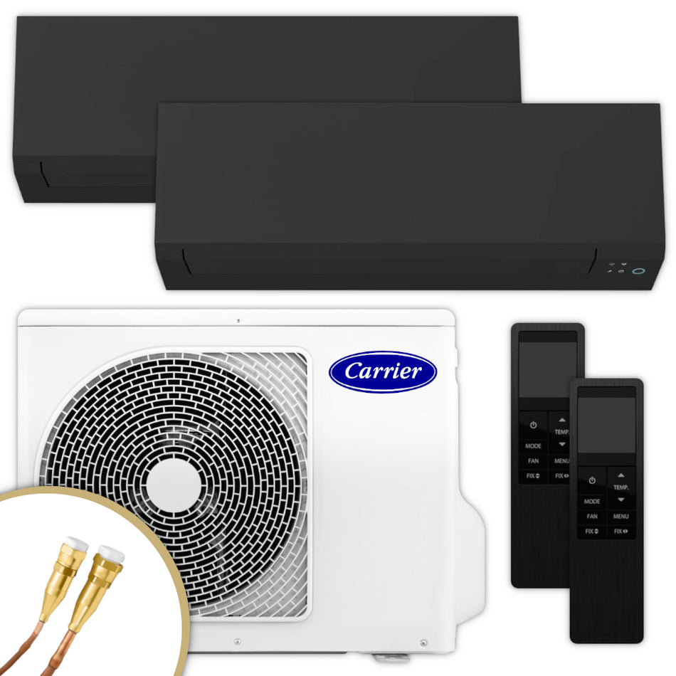 Carrier Multisplit Klimaanlage Set bestehend aus schwarzen Innengeraeten, weissem Aussengeraet und Fernbedienungen | Klimaworld.com