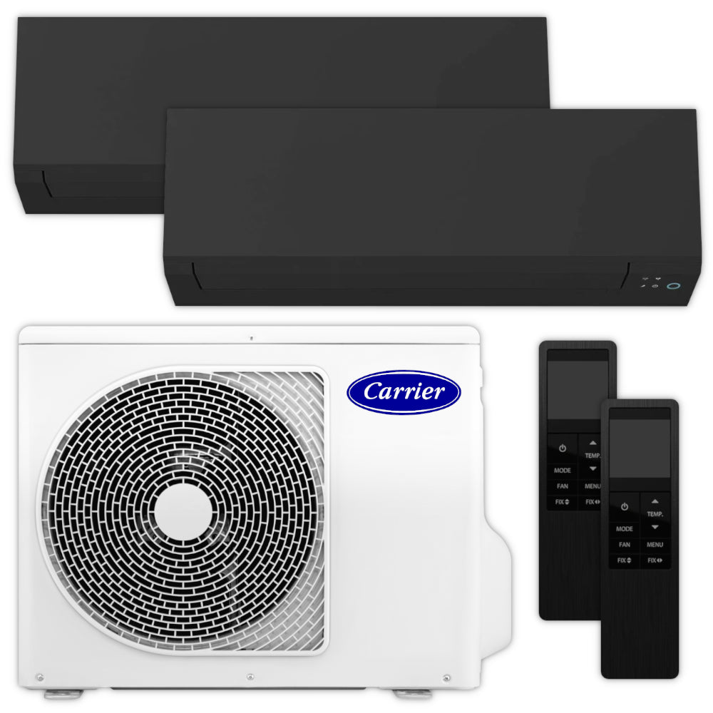 Carrier Multisplit Klimaanlage Set bestehend aus schwarzen Innengeraeten, weissem Aussengeraet und Fernbedienungen | Klimaworld.com