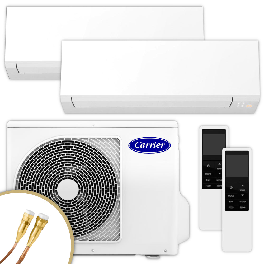 Carrier Multisplit Klimaanlage Set bestehend aus weissen Innengeraeten, weissem Aussengeraet und Weiss-Schwarzen Fernbedienungen | Klimaworld.com
