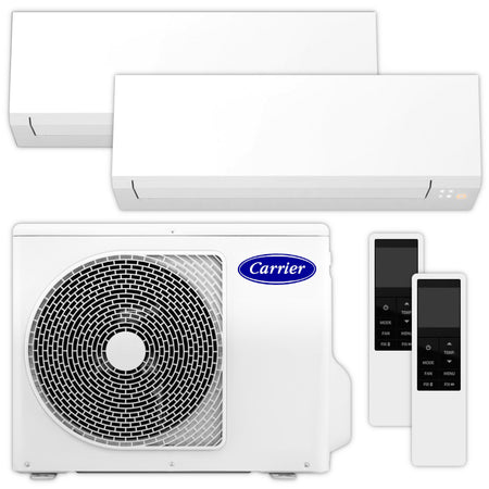 Carrier Multisplit Klimaanlage Set bestehend aus weissen Innengeraeten, weissem Aussengeraet und Fernbedienungen | Klimaworld.com