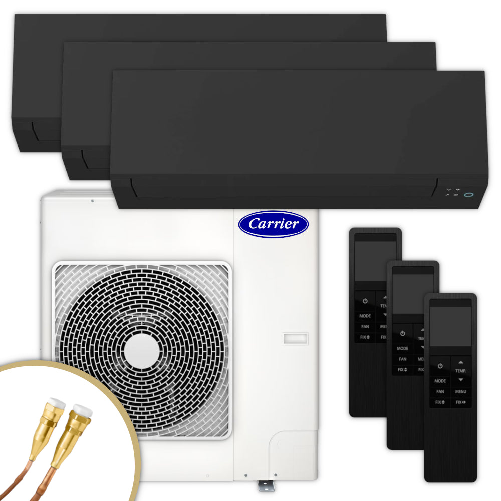Carrier Multisplit Klimaanlage Set bestehend aus schwarzen Innengeraeten, weissem Aussengeraet und schwarzen Fernbedienungen | Klimaworld.com