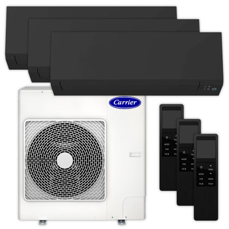 Carrier Multisplit Klimaanlage Set bestehend aus schwarzen Innengeraeten, weissem Aussengeraet und schwarzen Fernbedienungen | Klimaworld.com