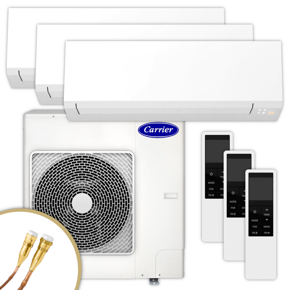 Carrier Multisplit Klimaanlage Set bestehend aus weissen Innengeraeten, weissem Aussengeraet und Weiss-Schwarzen Fernbedienungen | Klimaworld.com