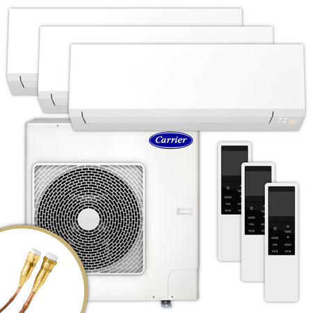 Carrier Multisplit Klimaanlage Set bestehend aus weissen Innengeraeten, weissem Aussengeraet und Weiss-Schwarzen Fernbedienungen | Klimaworld.com