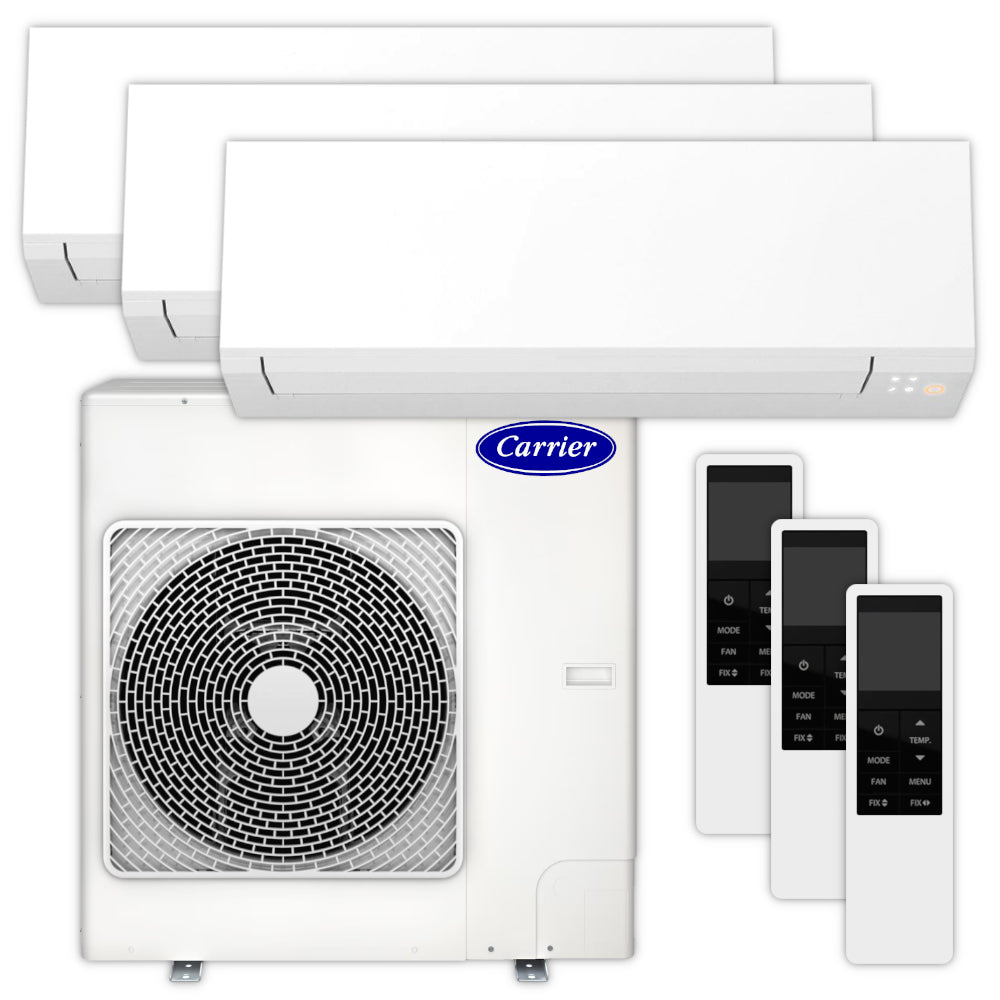Carrier Multisplit Klimaanlage Set bestehend aus weissen Innengeraeten, weissem Aussengeraet und Weiss-Schwarzen Fernbedienungen | Klimaworld.com