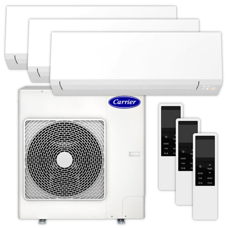 Carrier Multisplit Klimaanlage Set bestehend aus weissen Innengeraeten, weissem Aussengeraet und Weiss-Schwarzen Fernbedienungen | Klimaworld.com