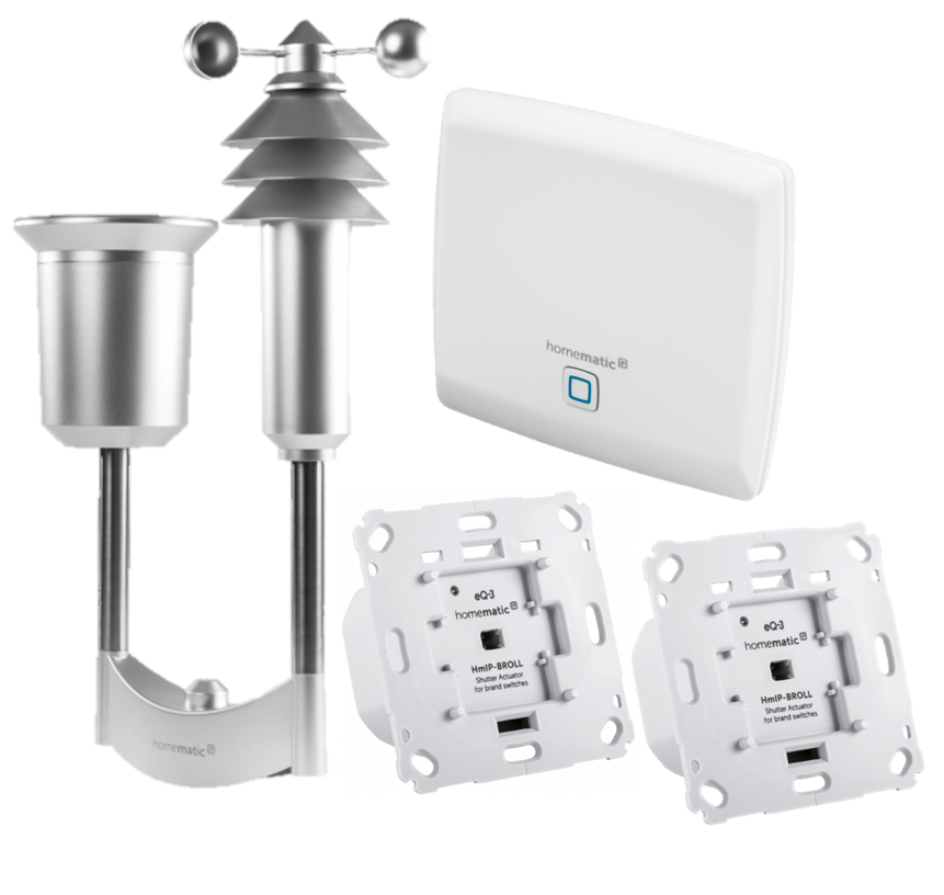 Homematic IP Beschattung Set mit Access Point, Wettersensor plus, 2 x Rollladenaktor für Markenschalter | eQ-3 | HmIP-EK-6