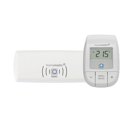 Homematic IP Starter Set Heizen Basic mit weissem Funkmodul und Thermostat mit Displayanzeige 21.5 Grad und Taste | Klimaworld.com