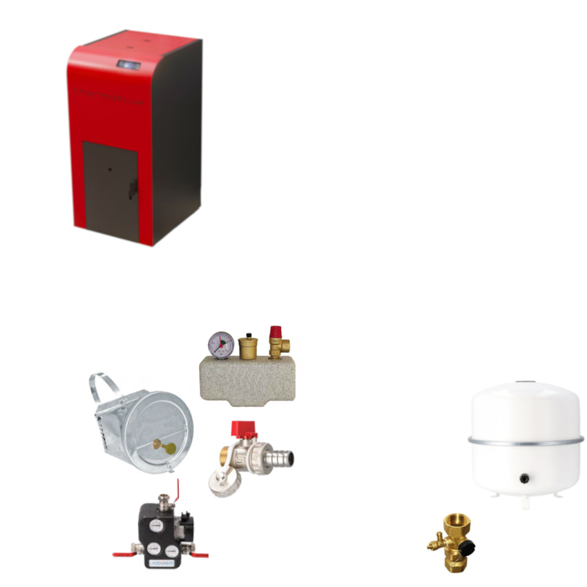 ThermoFlux INTERIO 18 Pelletkessel Set mit Zugbegrenzer, Sicherheitsgruppe, Ruecklaufanhebung, Ausdehnungsgefaess und Ventil | Klimaworld.com