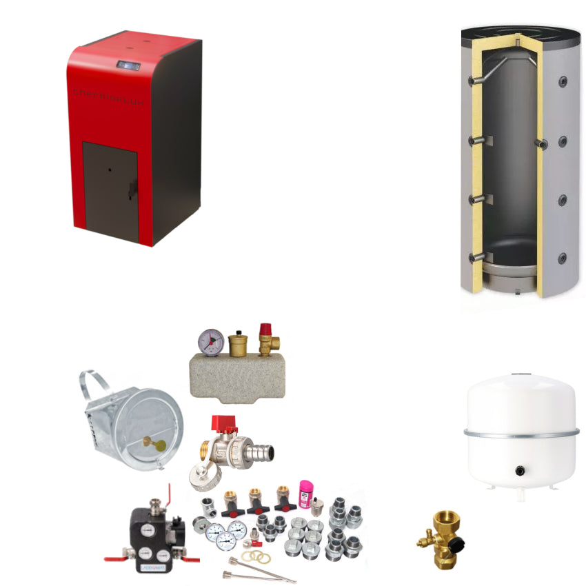 ThermoFlux INTERIO 25 Kesselset mit Pelletheizung, Pufferspeicher, Ausdehnungsgefaess, Ventilen und Anschlusszubehoer | Klimaworld.com