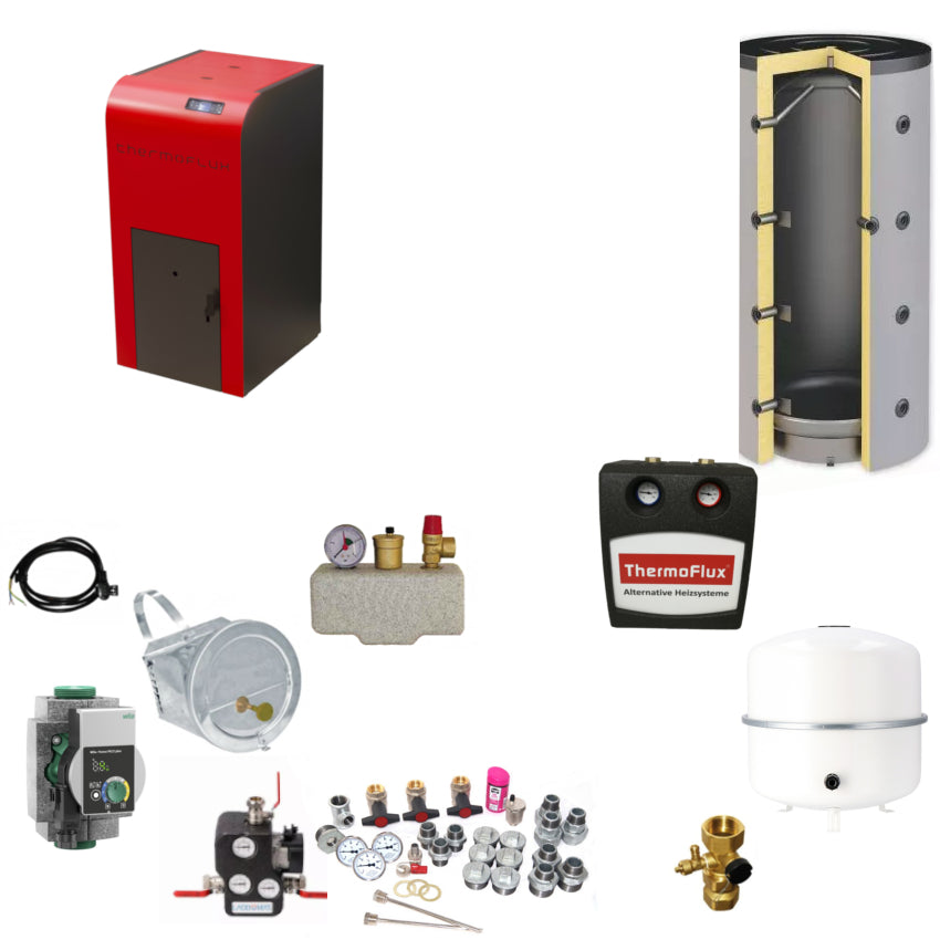 Heizsystem Set mit Pelletkessel, Pufferspeicher, Pumpengruppe, Ausdehnungsgefaess und Montagezubehoer | Klimaworld.com
