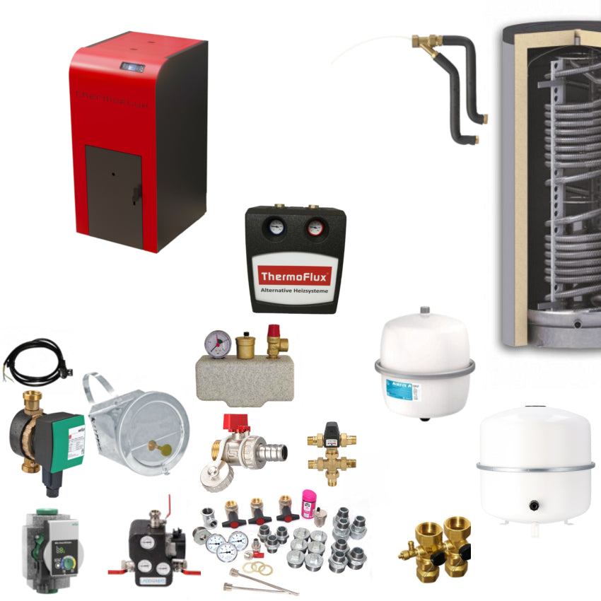 ThermoFlux INTERIO 25 Heizsystem-Set mit Pelletkessel, Pufferspeicher, Pumpengruppe, Ventilen, Ausdehnungsgefaessen und Zubehoer | Klimaworld.com