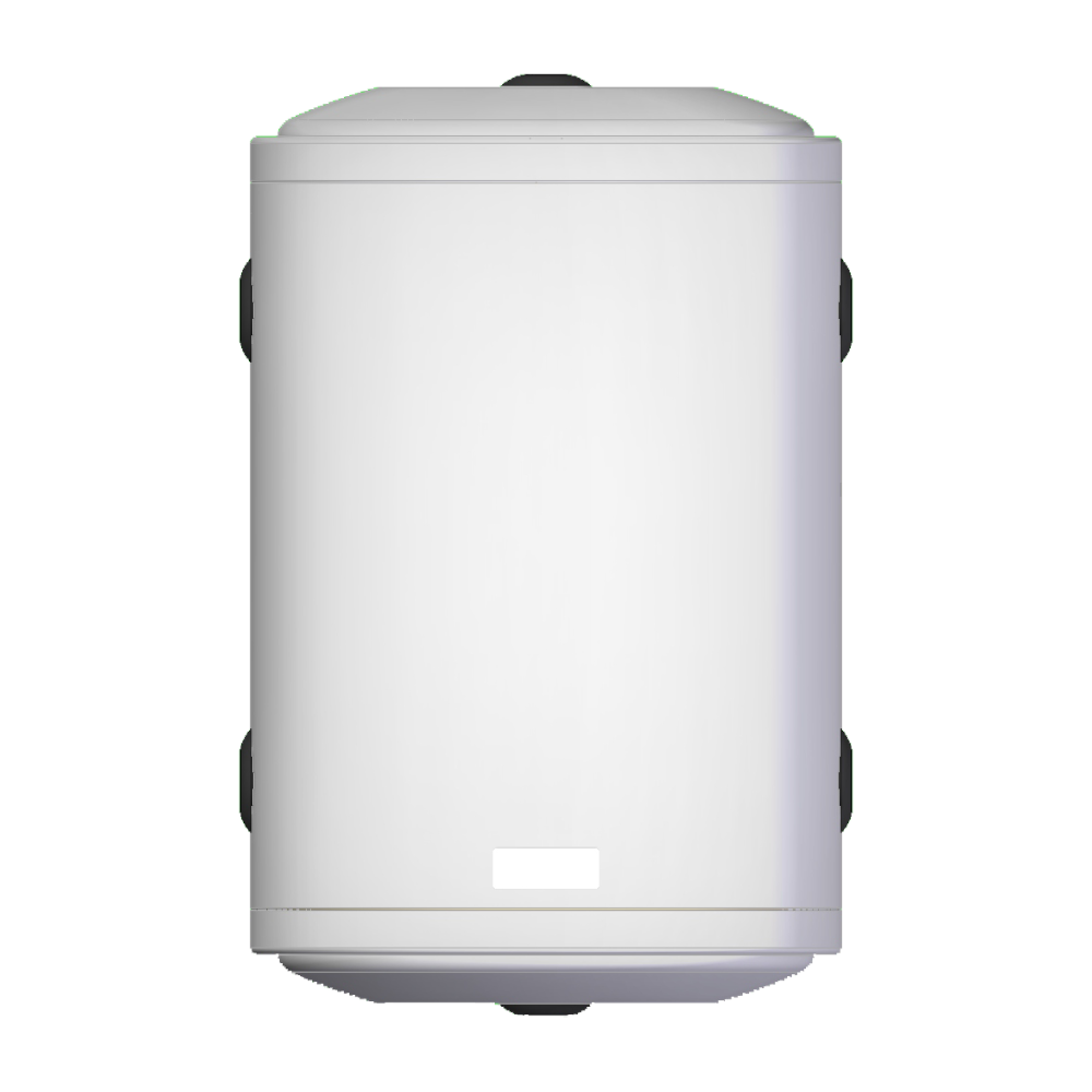 Grosser weisser STYLEBOILER Pufferspeicher mit schwarzen Anschluessen seitlich | klimaworld.com