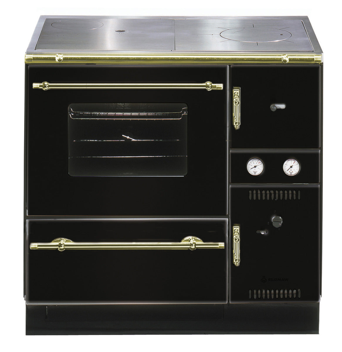 Wamsler wasserführender Küchenofen K 148 CL Stahlplatte schwarz gold Messing, Rauchrohr links | Klimaworld.com