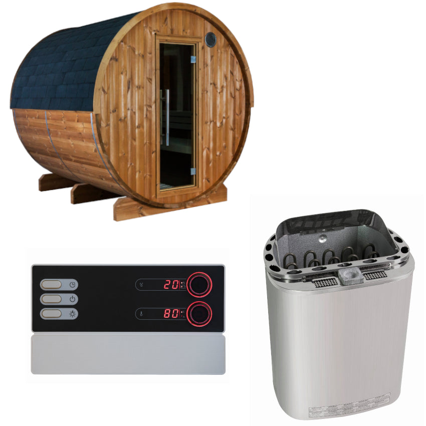 Sentiotec Sauna Set Fasssauna Kaski 220 Panorama mit Saunaofen Scandia Next Combi und Steuerung Pro B3 | klimaworld.com