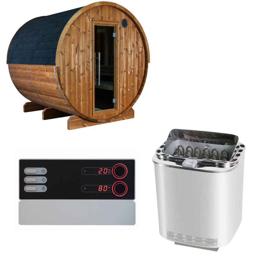 Sentiotec Sauna Set Kaski 220 View mit Saunaofen Nordex Combi Next und Steuerung Pro B3 | klimaworld.com