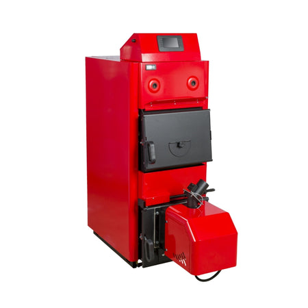 Roter ThermoFlux Pelletkessel HKK 30-BioFlux 35 Plus mit Brennereinheit und schwarzer Brennraumtuer vorne | Klimaworld.com
