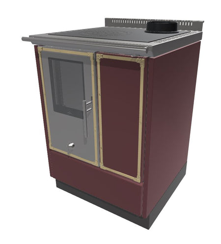 Holzherd Beistellherd KE60W KitchenKamin Farbe Bordeaux Messing Zierleiste