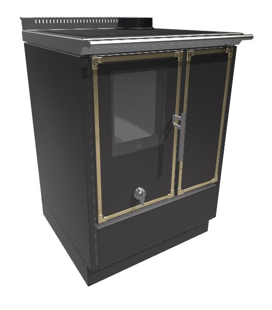 Holzherd Beistellherd KE60W KitchenKamin Farbe schwarz Messing Zierleiste