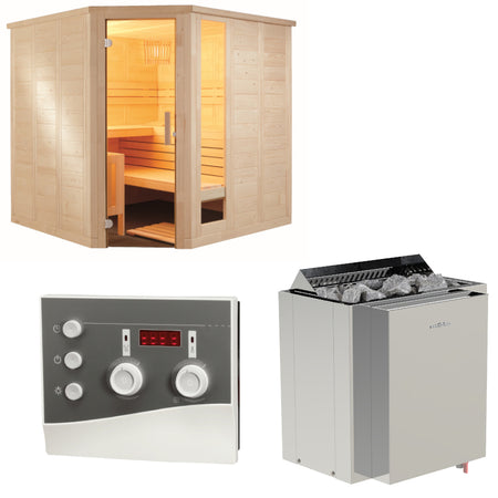 Sentiotec Sauna Set Komfort Corner Large mit Saunaofen Viking Combi und Saunasteuerung K3-Next | klimaworld.com
