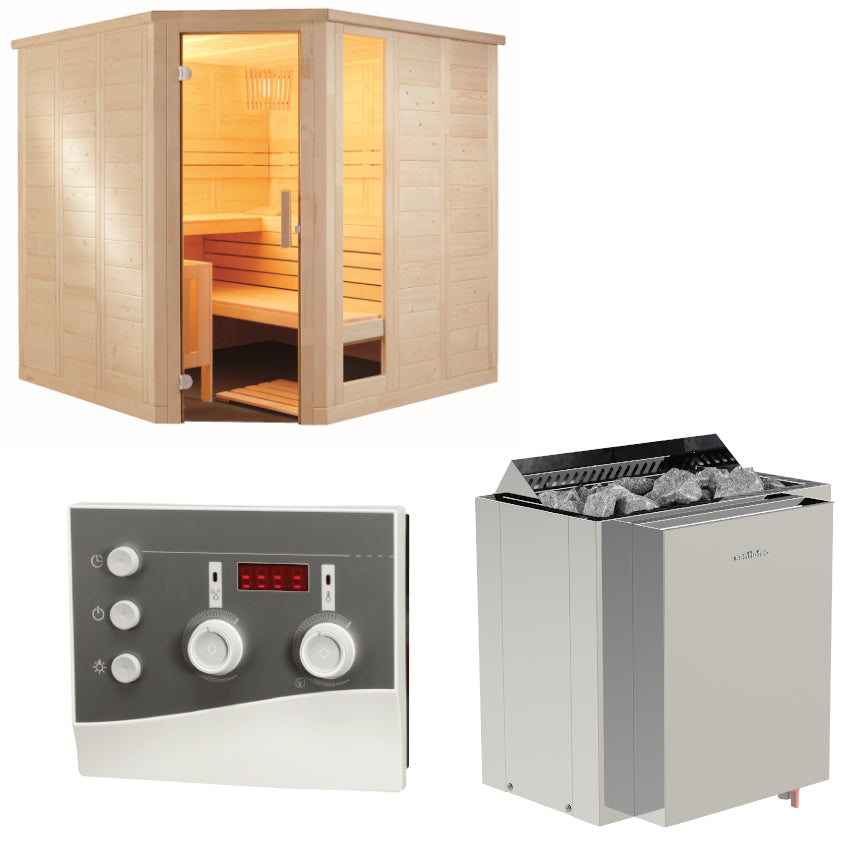 Sentiotec Sauna Set Komfort Corner Large mit Saunaofen Viking Combi und Saunasteuerung K3-Next | klimaworld.com