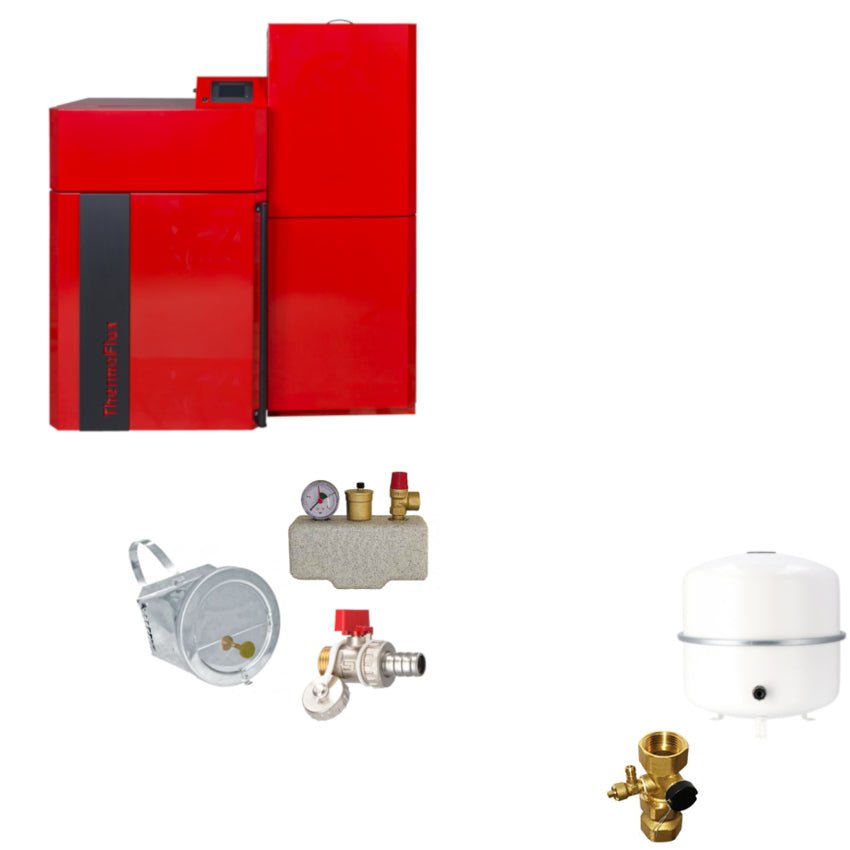 Pellflux Lambda 12 Pelletkessel Set mit Zugbegrenzer, Sicherheitsgruppe, Ruecklaufanhebung, Ausdehnungsgefaess und Ventil | Klimaworld.com