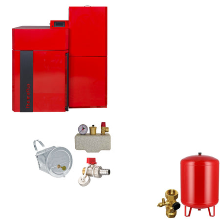 Thermoflux Pellflux Lambda Pelletkessel Set mit Zugbegrenzer, Sicherheitsgruppe, Ruecklaufanhebung, Ausdehnungsgefaess und Ventil | Klimaworld.com