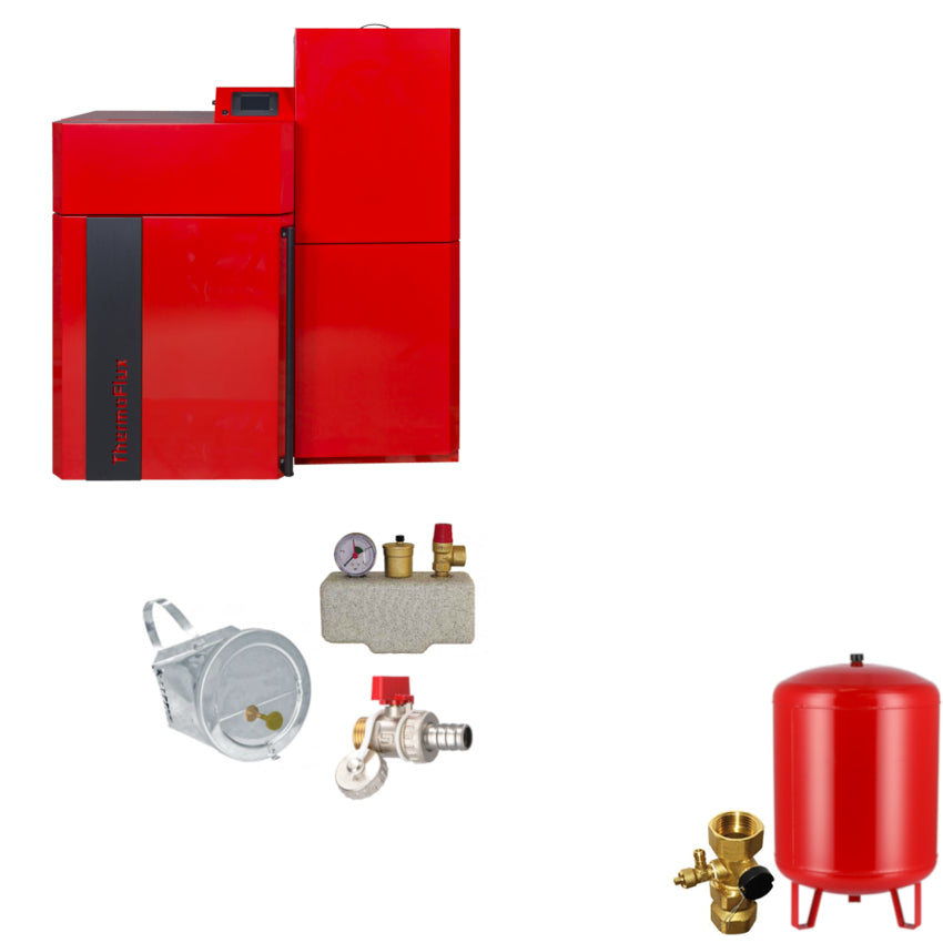 Thermoflux Pellflux Lambda 69 Pelletkessel Set mit Zugbegrenzer, Sicherheitsgruppe, Ruecklaufanhebung, Ausdehnungsgefaess und Ventil | Klimaworld.com
