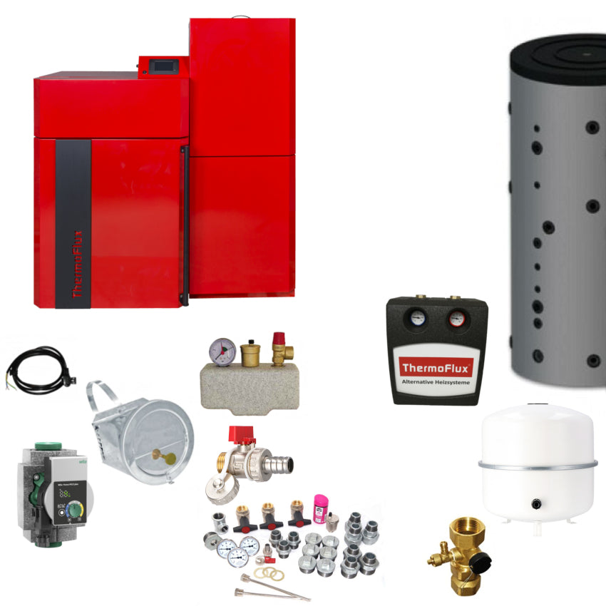 Thermoflux Pellflux Lambda 12 kW Heizsystem Set mit Pelletkessel, Pufferspeicher, Pumpengruppe, Ausdehnungsgefaess und Montagezubehoer | Klimaworld.com