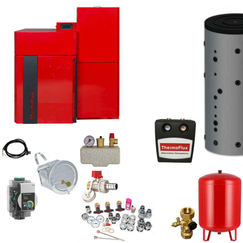 Thermoflux Pellflux Lambda Heizsystem Set mit Pelletkessel, Pufferspeicher, Pumpengruppe, Ausdehnungsgefaess und Montagezubehoer | Klimaworld.com