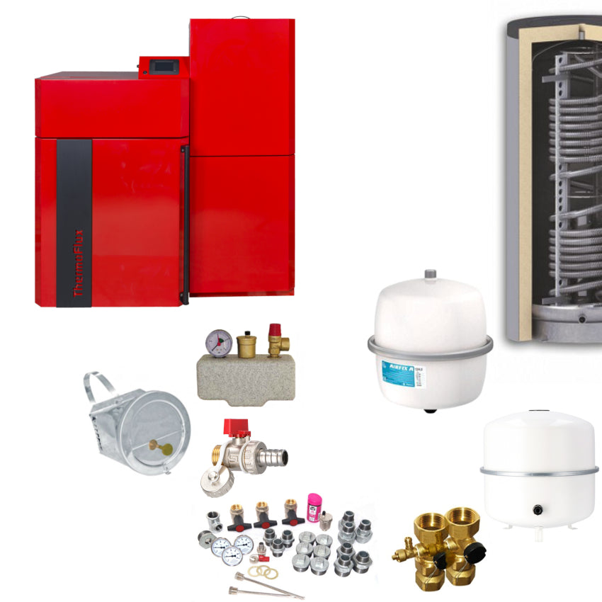 ThermoFlux Pellflux Lambda Heizungsset mit Pelletheizung, Hygienespeicher, Ausdehnungsgefaessen, Ventilen, Pumpen und Montagematerial | Klimaworld.com