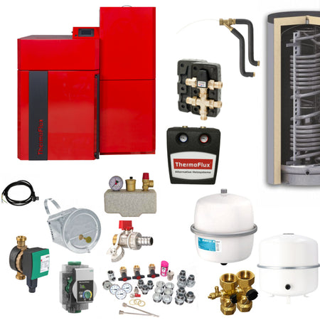 Thermoflux Pellflux 12 Heizsystem-Set mit Pelletkessel, Pufferspeicher, Pumpengruppe, Ventilen, Ausdehnungsgefaessen und Zubehoer | Klimaworld.com