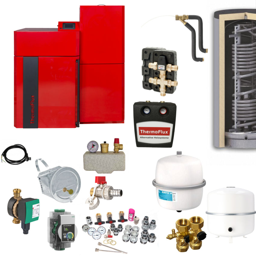 Thermoflux Pellflux 12 Heizsystem-Set mit Pelletkessel, Pufferspeicher, Pumpengruppe, Ventilen, Ausdehnungsgefaessen und Zubehoer | Klimaworld.com
