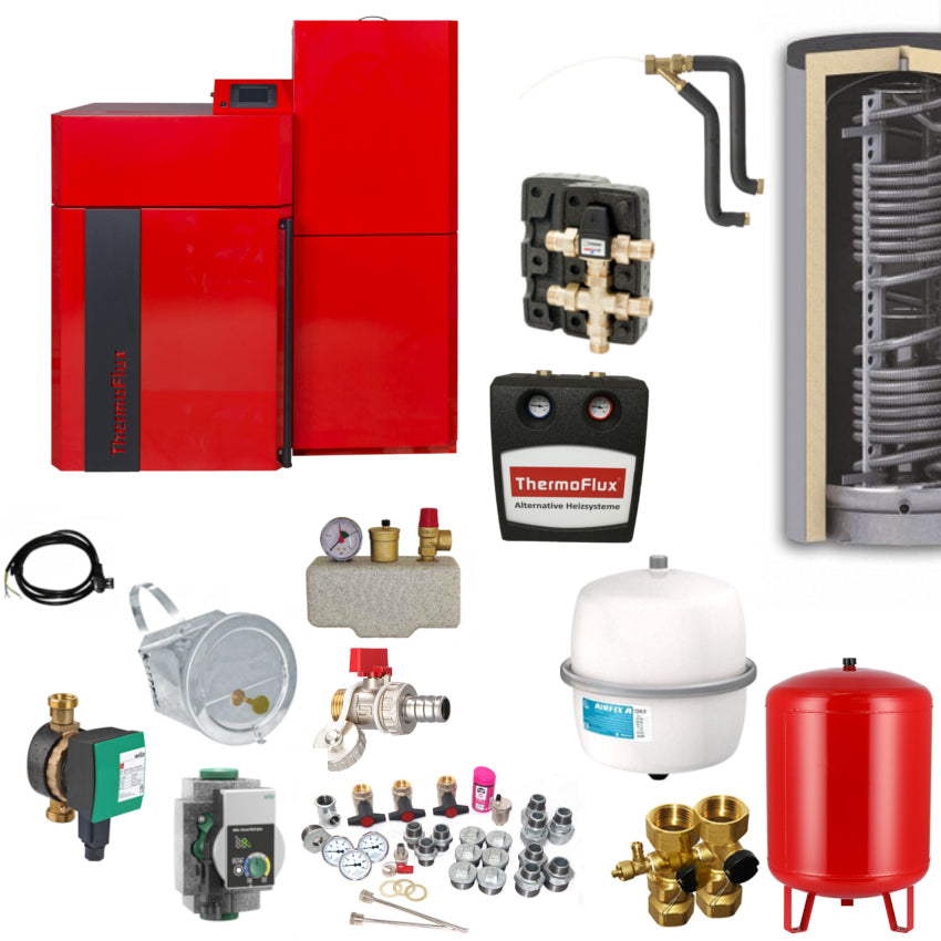 Thermoflux Pellflux Lambda 36 Heizsystem-Set mit Pelletkessel, Pufferspeicher, Pumpengruppe, Ventilen, Ausdehnungsgefaessen und Zubehoer | Klimaworld.com