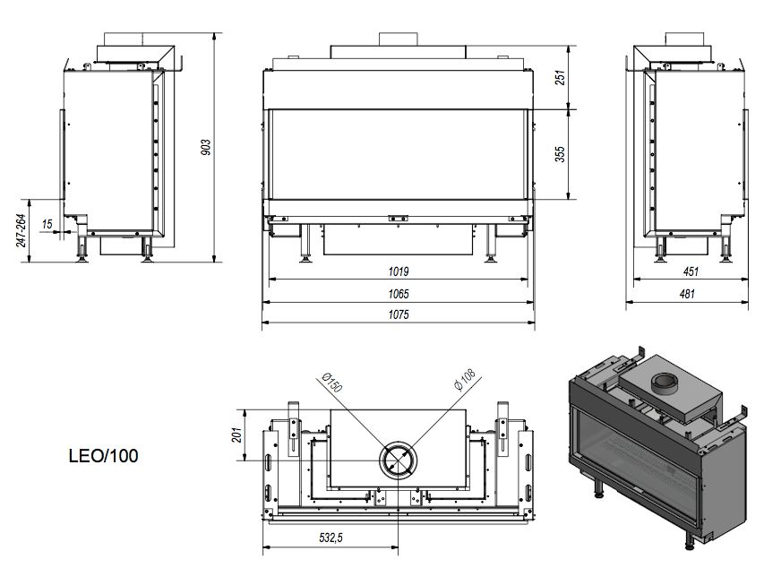 Gaskamin Kamineinsatz LEO 100 mit 11 kW masse