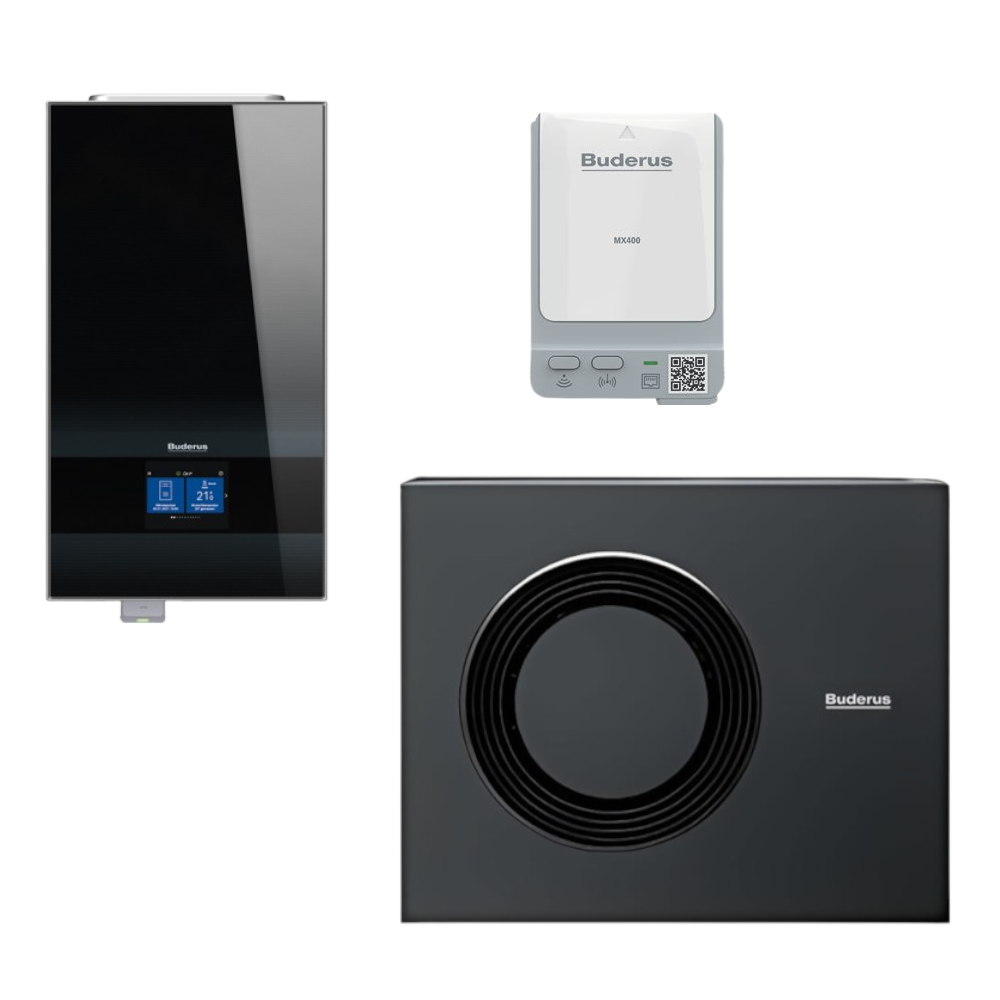 Buderus Waermepumpen-Set Logatherm M WLW186i-10 AR E | Innengeraet in Schwarz, Aussengeraet und Funkmodul | klimaworld.com