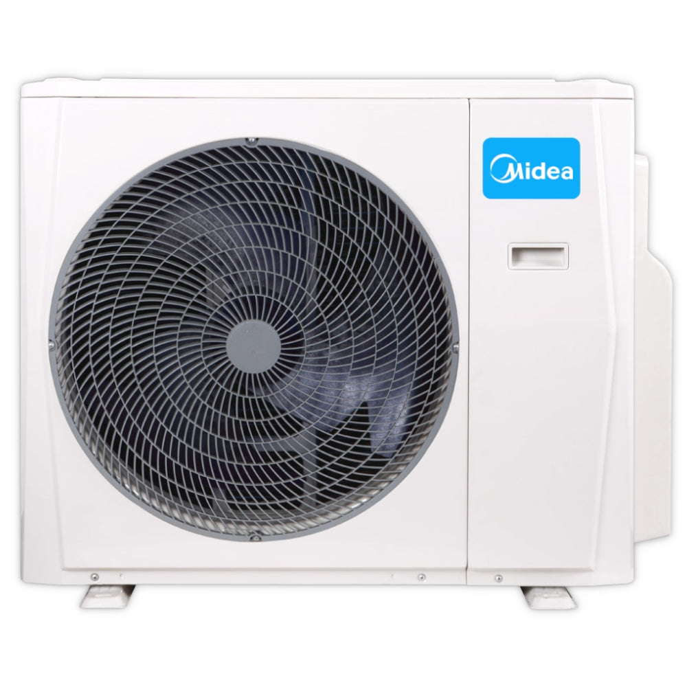 Weisses Midea Xtreme Save Pro Aussengeraet mit grossem Lueftergitter und blauem Markenlogo | Klimaworld.com