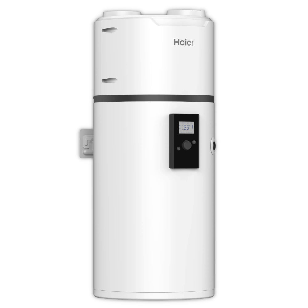 Haier Brauchwasserwaermepumpe HP150M8-9 in Weiss mit schwarzem Bedienfeld und Display vorne | Klimaworld.com
