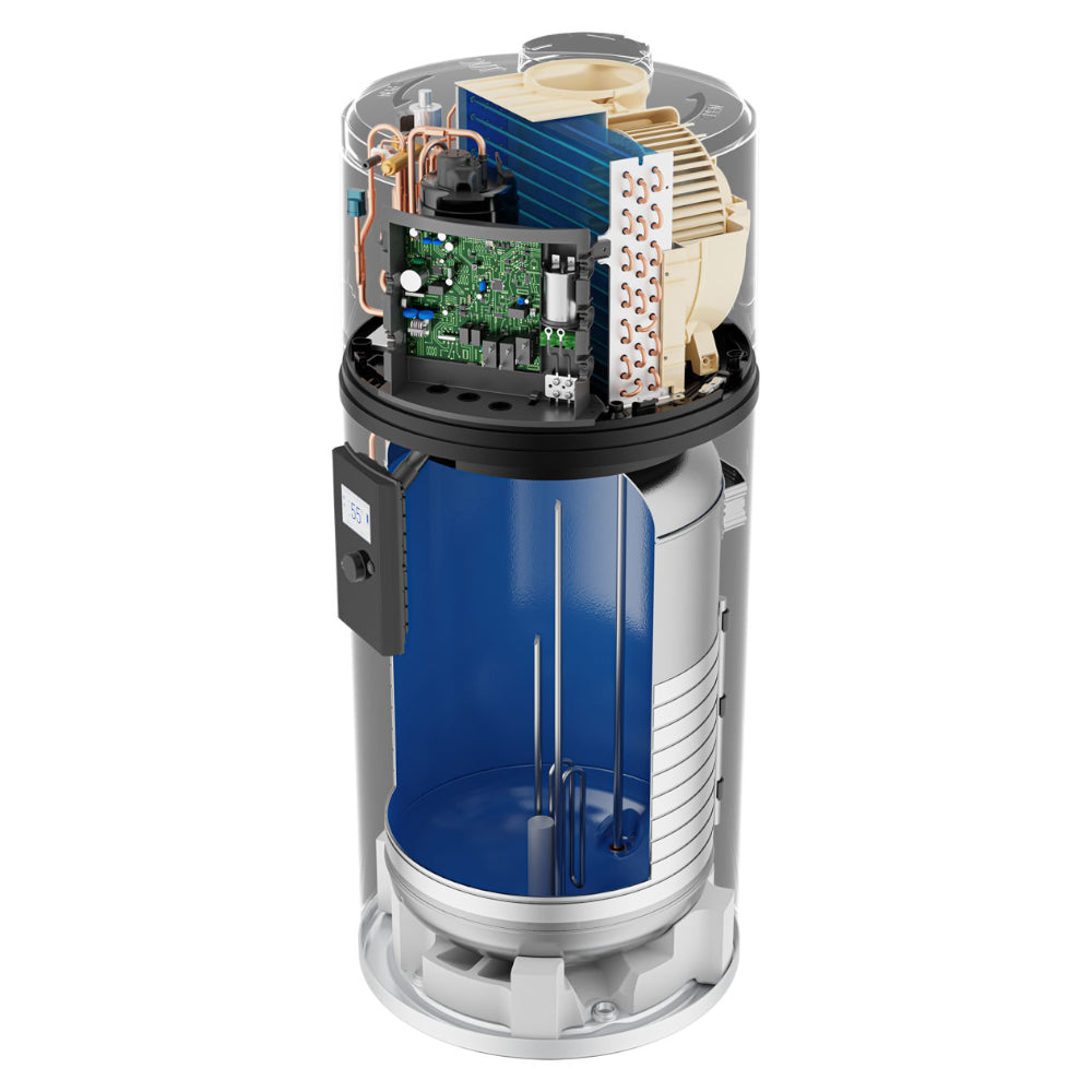 Queerschnittbild: Haier Brauchwasserwaermepumpe HP110M8-9 als transparenter Schnitt mit blauem Speicher und Kupferrohren | Klimaworld.com