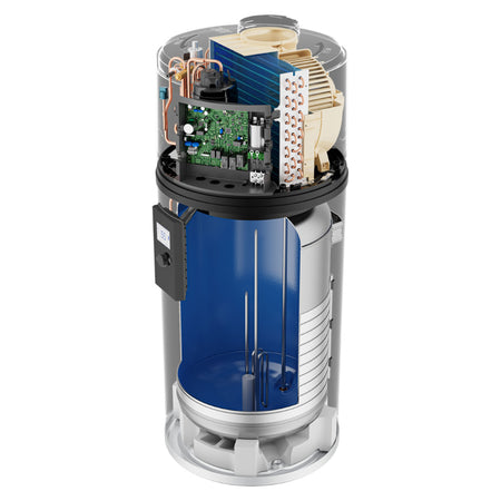 Queerschnittbild: Haier Brauchwasserwaermepumpe HP110M8-9 als transparenter Schnitt mit blauem Speicher und Kupferrohren | Klimaworld.com